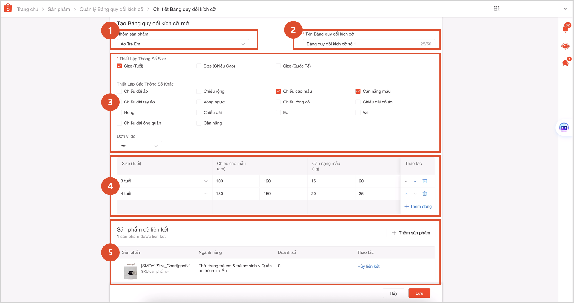 bảng quy đổi kích cỡ shopee