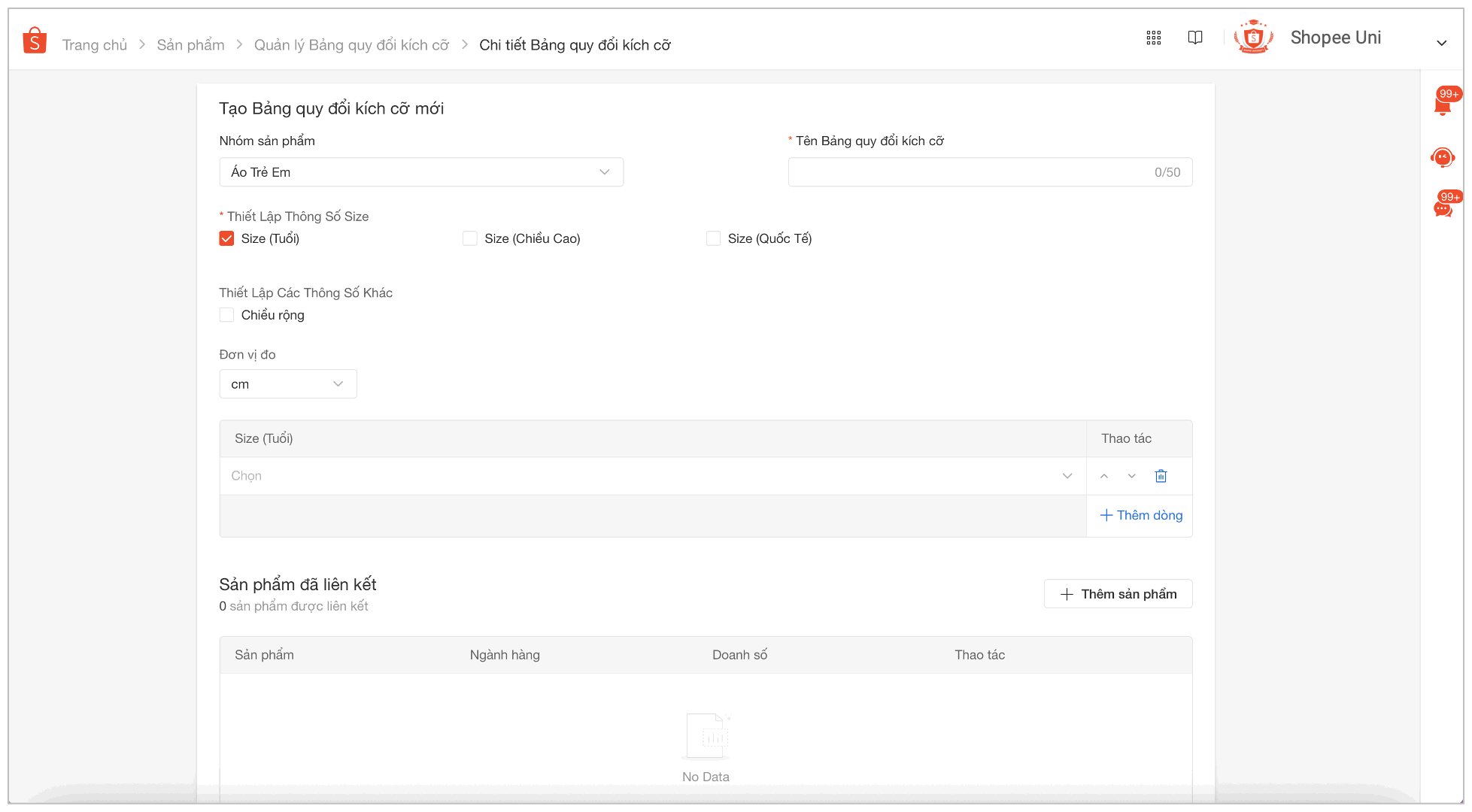 bảng quy đổi kích cỡ shopee