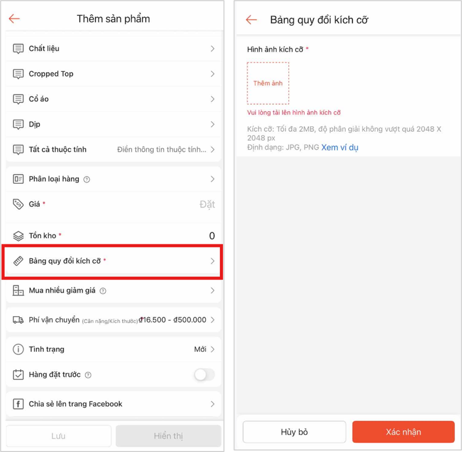 bảng quy đổi kích cỡ shopee