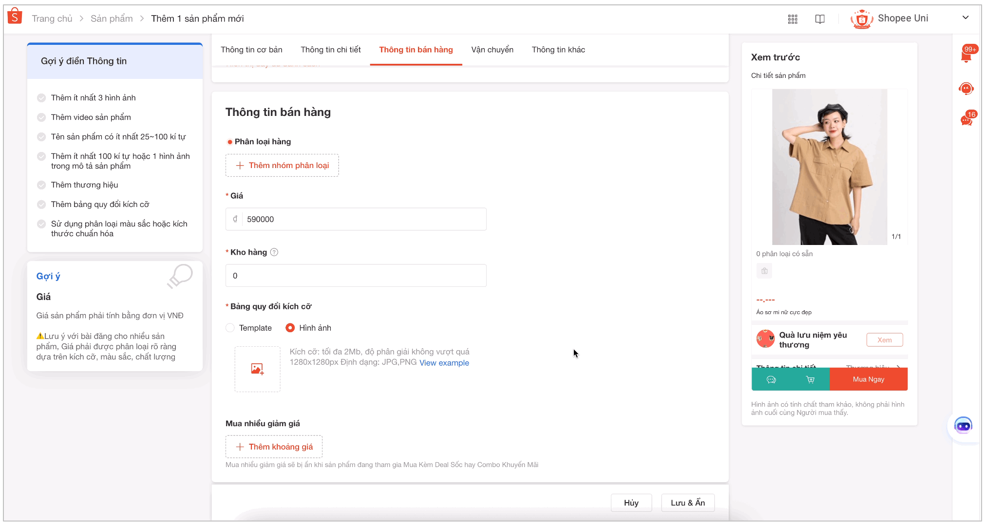 bảng quy đổi kích cỡ shopee